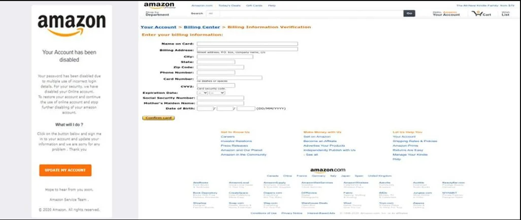 ataque de phishing - amazon